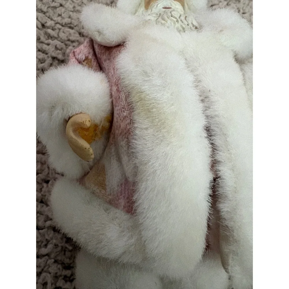 Vintage Pink Velvet Santa Claus Christmas Ornament Faux Fur Trim 7.5 Inch
